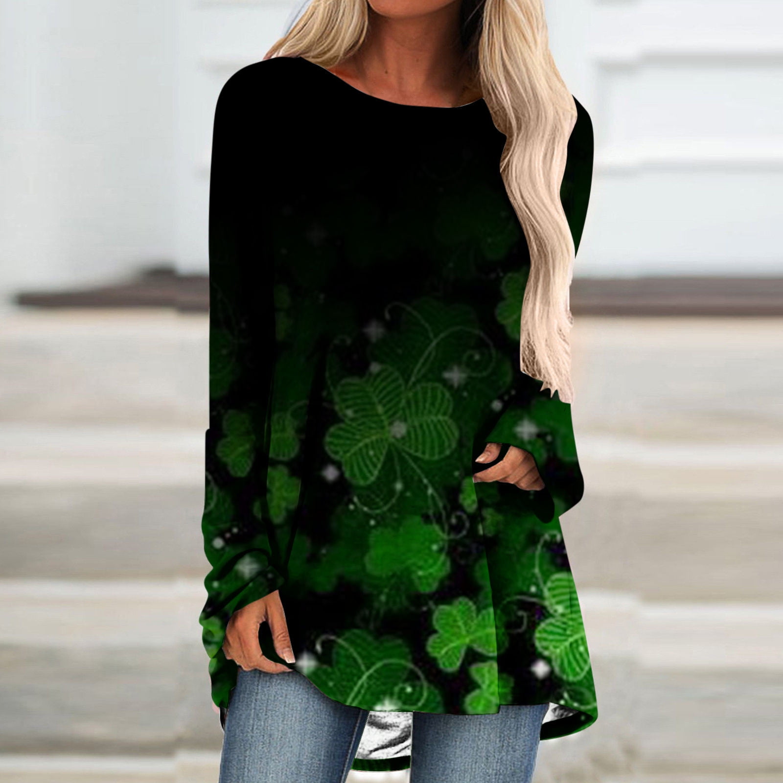 Patrick's Day Shirt Fashion Clover Print Long Sleeve Casual Loose Blouse Tunic Top to wear with Leggings Women St 