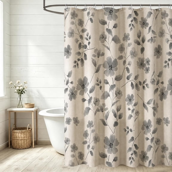 Floral Shower Curtain Grey And Beige Botanical Fabric Bathroom Curtain with Hooks 71x71 inches