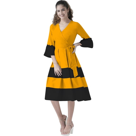 eloria Women Causal Midi Dress Party Wear Knee Long One Piece Dress Box Plated Fit and Flare Dress, Color: Yellow 2, Size: XL
