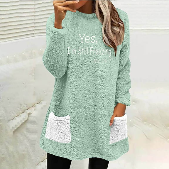 TMOYZQ Yes,I'm Still Freezing Funny Shirts for Women Winter Thermal Sherpa Fleece Pullover Warm Cozy Long Sleeve Tops Letter Print Pullover Sweatshirt