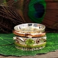 thumbnail image 5 of Peridot Silver Spinner Ring, 925 Sterling Silver & Brass Peridot Spinner Ring, Handmade Flower Design Ring, Textured Band Ring Boho Rings, 5 of 9