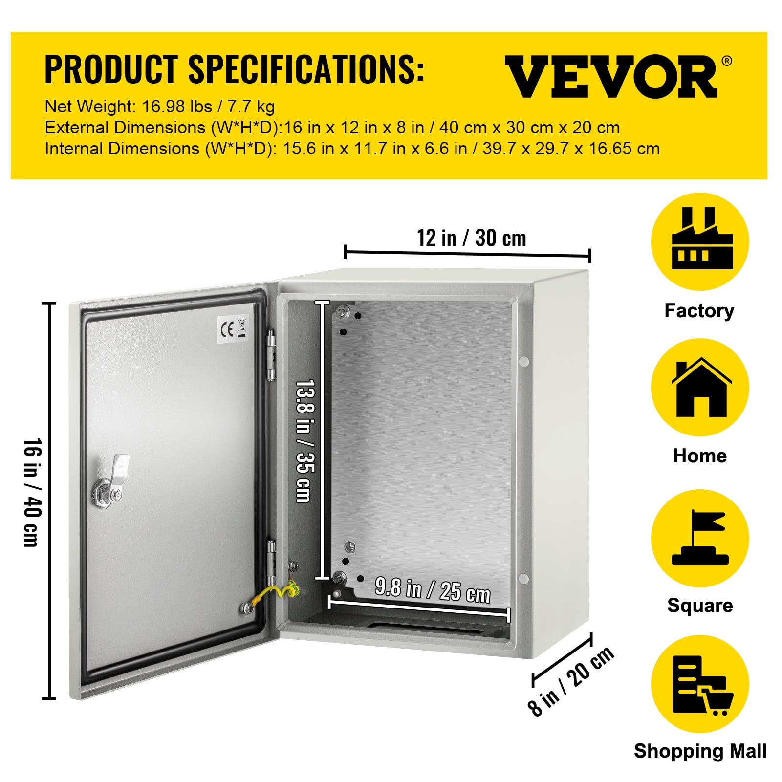 VEVOR NEMA Steel Case, Dimensions 16x12x8 inches, NEMA 4X Steel Electric Enclosure, IP66 Rated for Water and Dust Resistance, Suitable for Both Outdoor and Indoor Use, Includes Mounting Plate