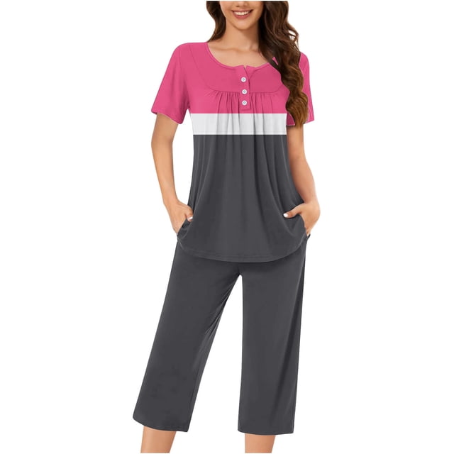 Aqestyerly Ensemble de Pyjama, Ensemble de Pyjama Décontracté pour Femmes avec Blouse à Manches Courtes et Col Rond et Pantalon à la Mode/rose Vif(L)
