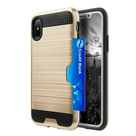 iPhone X Case, Premium Hybrid Dual Layer Shockproof Case Multifunctional Luxurious Back Cover for iPhone X - Black/ Gold ,Lightweighted, Card or Cash Slots,User