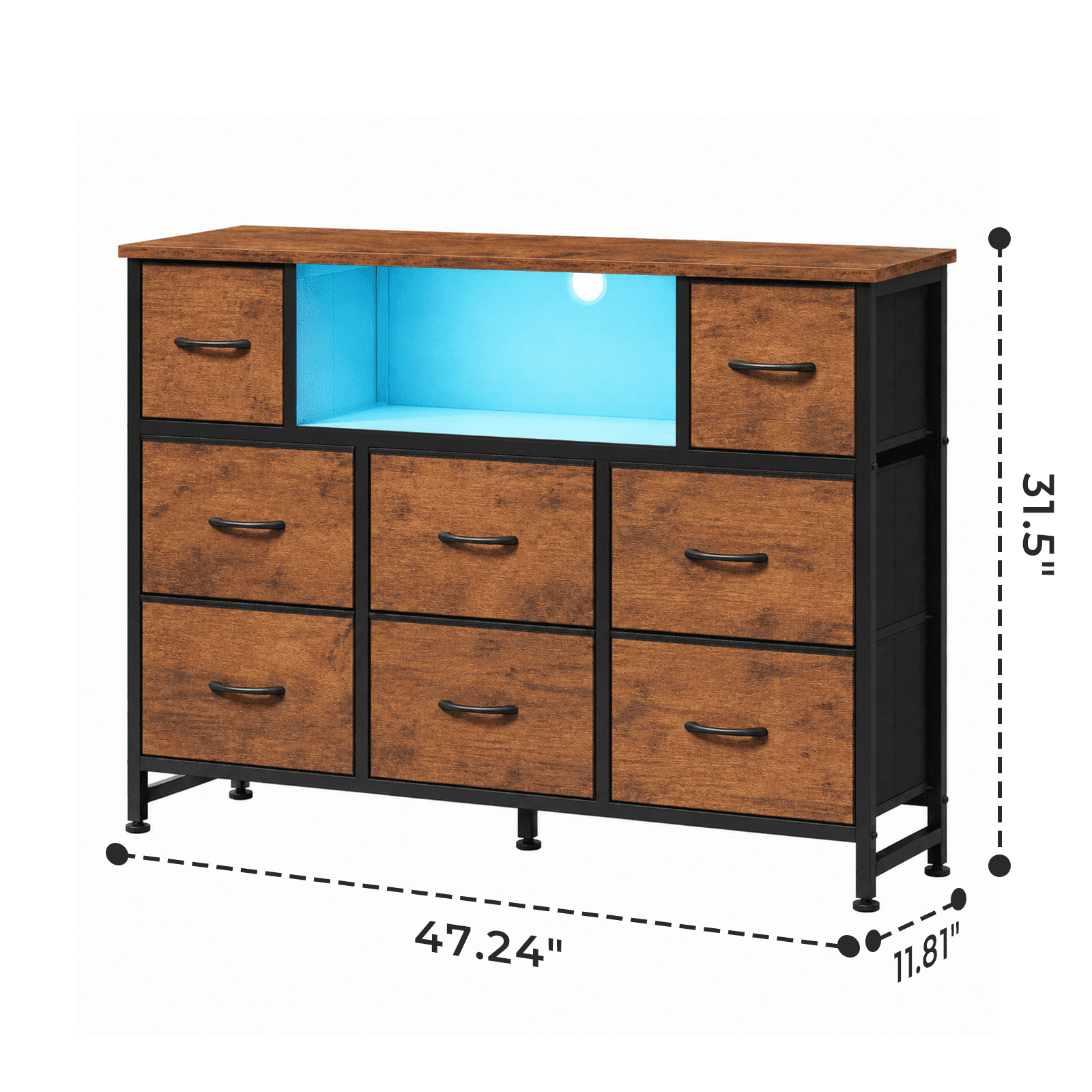 Alvantor Dresser TV Stand for 45, 50, 55 inch TV, Entertainment Center with LED Lights & Charging Station, Chest of Drawers with 8 Fabric Drawers and Open Shelves for Living Room, Hallway, Wood Top