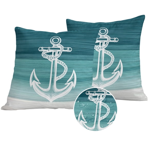 Nautical Anchor Teal Green Outdoor Pillow Covers 16x16 Set of 2,Waterproof Patio Throw Pillowcase Protectors,Coastal Ocean Ombre Striped Decorative Pillow Shams Cushion Covers for Seat Bed Couch Sofa