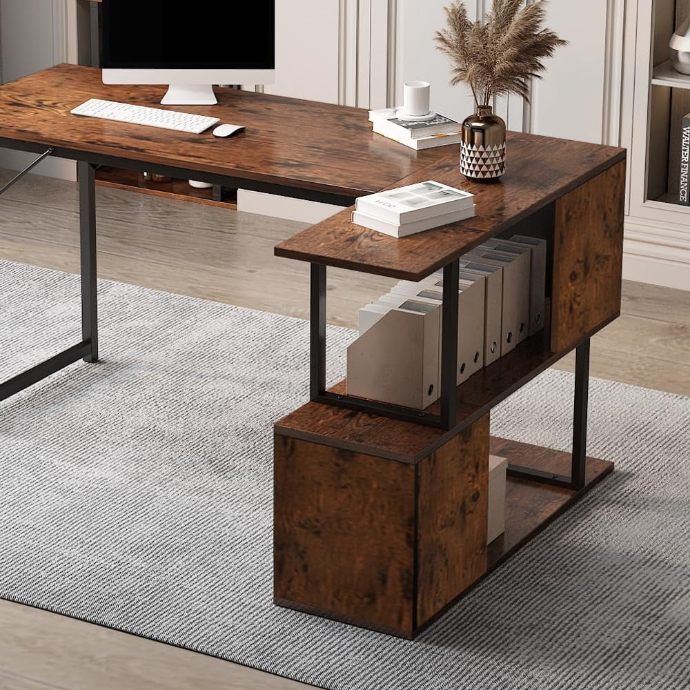 L Shaped Computer Desk with 2 Shelves Bookshelf, Modern Corner Computer Desk with Storage, Office Desk Study Table Writing Desk for Home Office