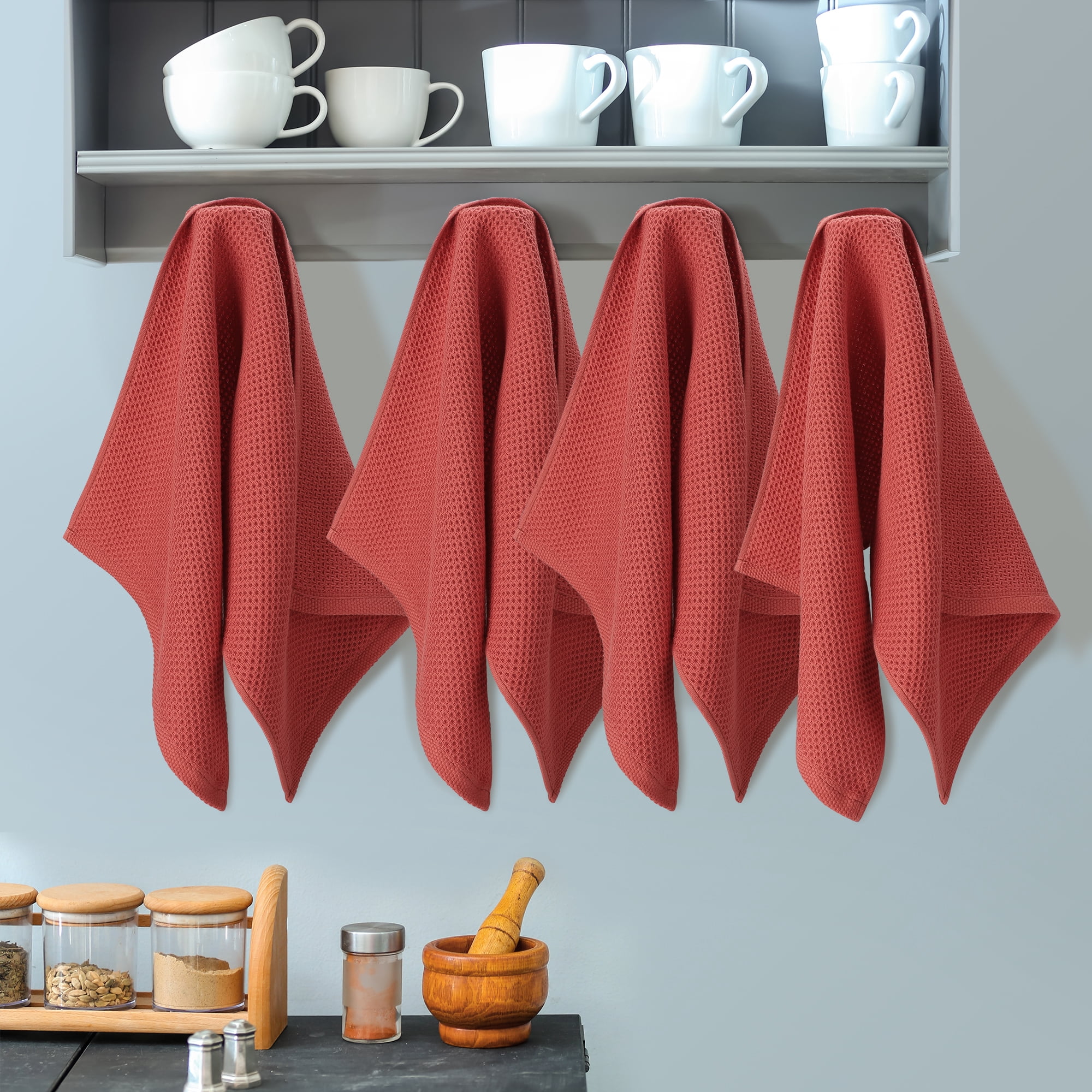 Unique Bargains 4-Pack Soft Absorbent Cotton Kitchen Towels, 13" x 27" Red