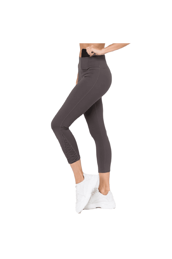 Women's Women's Crisscross Mesh Ankle Capri Activewear Leggings - CHARCOAL, L