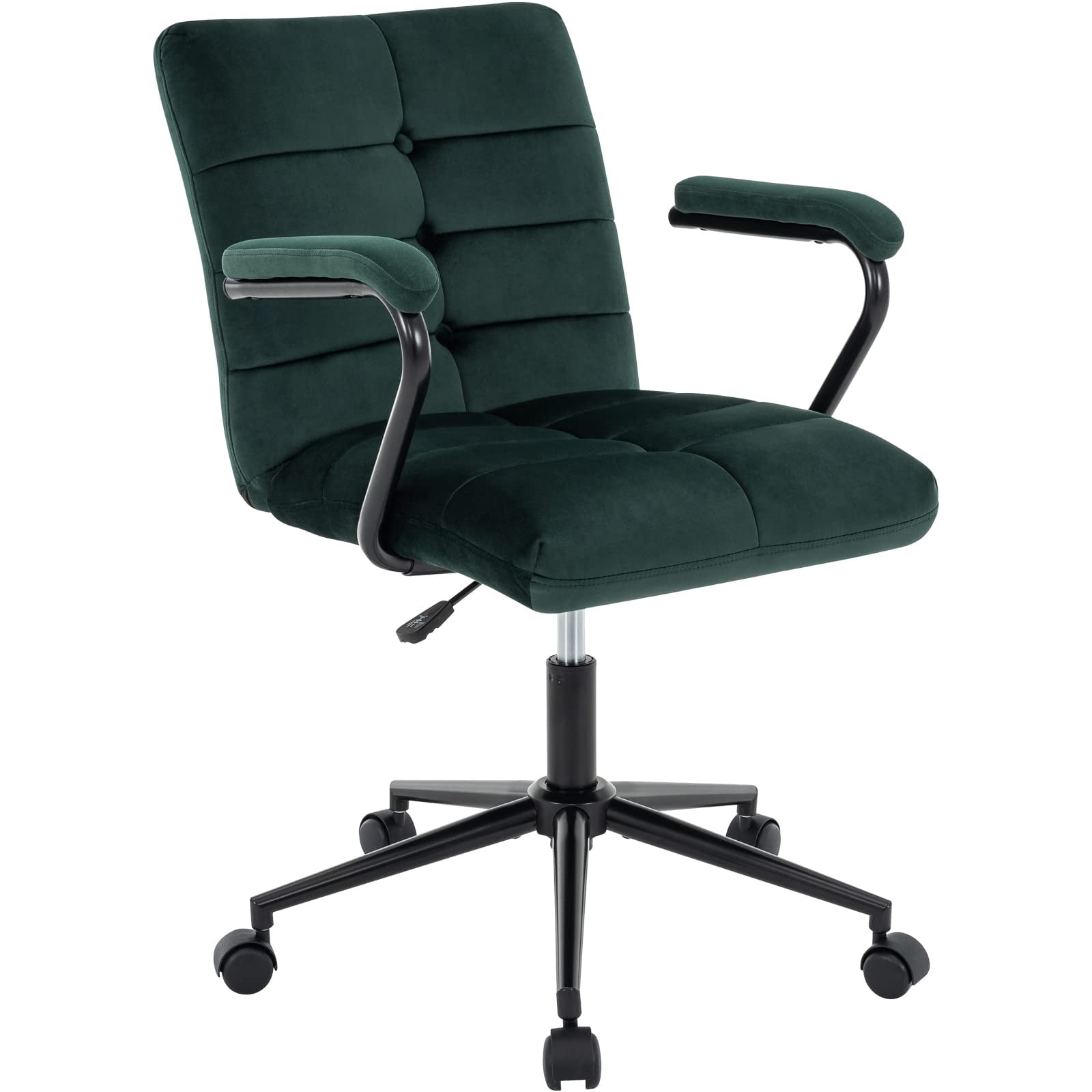 Velvet Desk Chair with Arms, Adjustable Height Home Office Chair, Mid-Back Upholstered Vanity Chair with 360° Swivel and Wheels for Living Room or Study, Dark Green