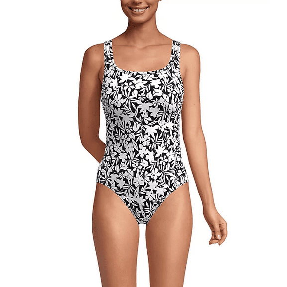 Lands' End Women's Scoop Neck One-Piece Swimsuit (White Floral, Small)