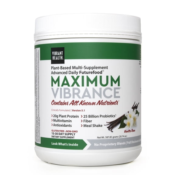Vibrant Health, Maximum Vibrance, Plant-Based Meal Replacement Rich with Vitamins, Minerals, Antioxidants, and Protein, Gluten Free, Vegetarian, Non-GMO, Vanilla Bean, 15 Servings