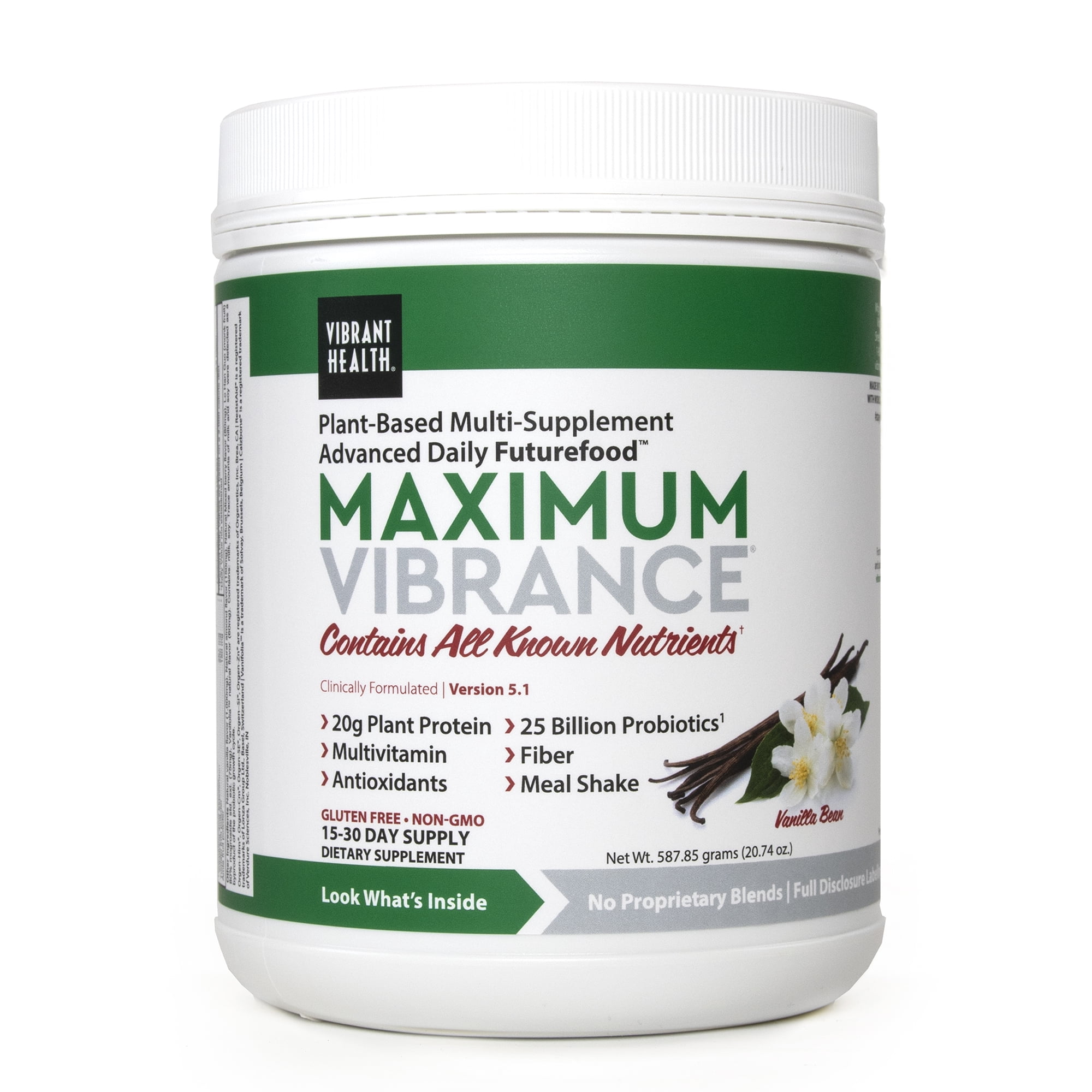 Vibrant Health, Maximum Vibrance, Plant-Based Meal Replacement Rich with Vitamins, Minerals, Antioxidants, and Protein, Gluten Free, Vegetarian, Non-GMO, Vanilla Bean, 15 Servings