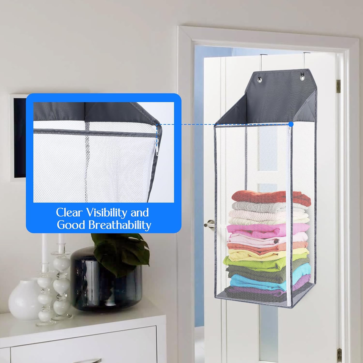 ABCISI 2 Packs Large Hanging Laundry Hamper with Hooks, Over the Door Mesh Hamper with Zipper for Dirty Clothes Organizer, Collapsible Wall Hanging Laundry Basket for Bathroom, Dormitory, Grey