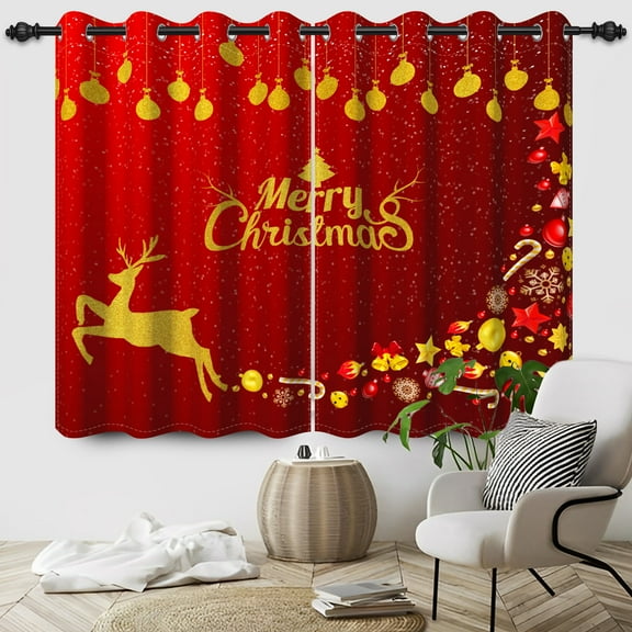Nanqianyi Christmas Red Blackout Curtains for Living Room and Bedroom 42"W x 84"L, Elk Bell Print Xmas Curtains, 2 Panels