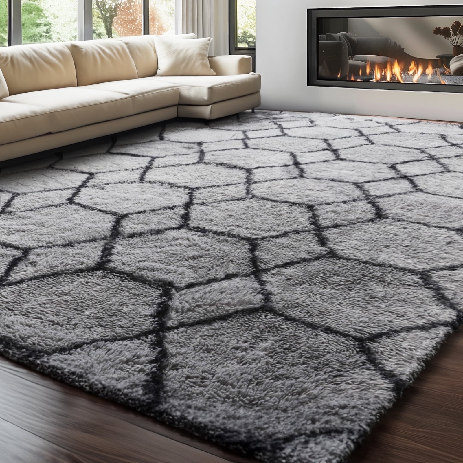 ZRSDIXKI 8ft x 10ft Area Rug, Soft Fluffy Area Rugs for Living Room Rug Bedroom Rug Geometric Carpet, Gray and Black