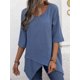 thumbnail image 1 of Blusa con dobladillo Irregular para mujer, camisa informal holgada de lino y algodón, Media manga, cuello redondo, Estilo Vintage, 1 of 5