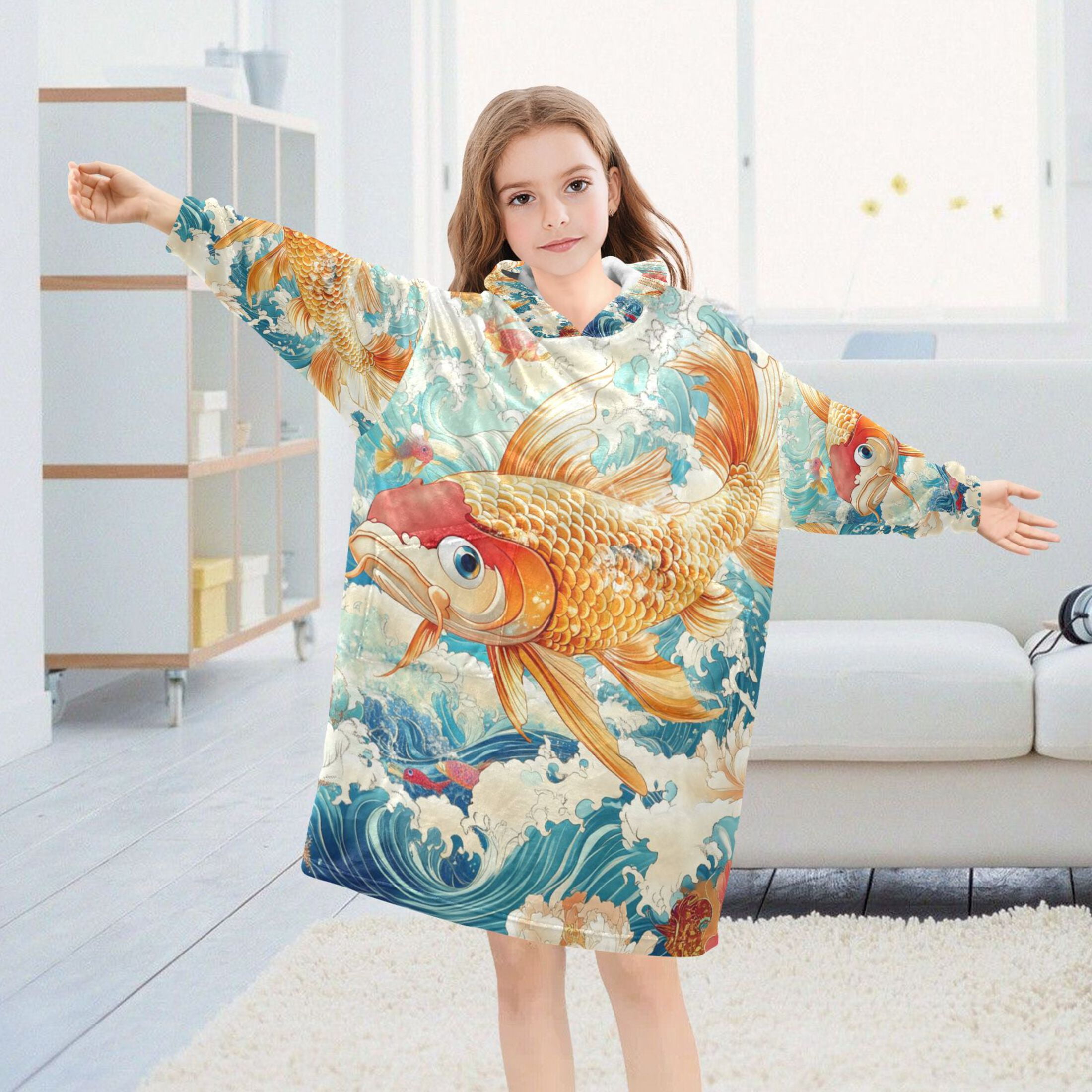 YAZAOO Kids Wearable Blanket Hoodie Warm and Cozy Koi in Bloom Flannel Sweatshirt