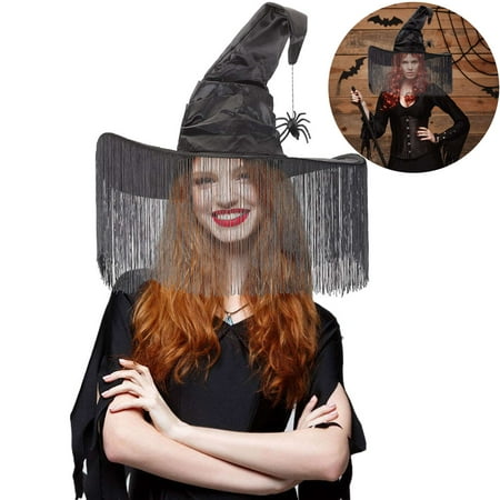 Gustave Halloween Black Witch Hat with Spider & Tassel Veil, Ruched Pointed Wizard Witch Hat Wide Brim Costume Accessory Cap for Women Party Cosplay