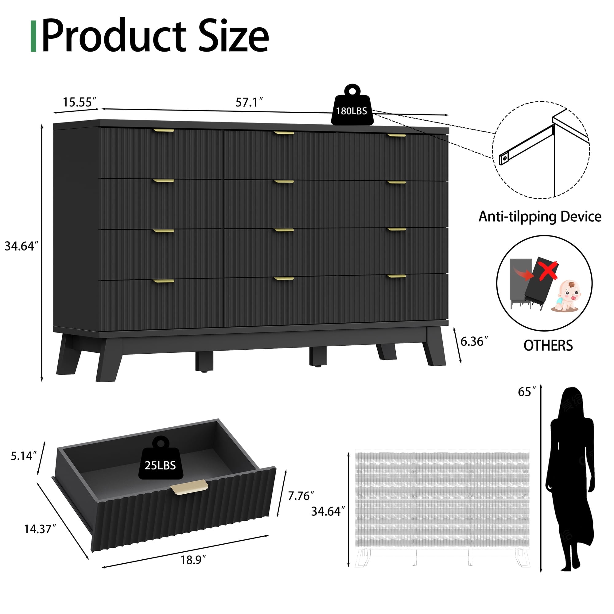 FANRAL 12 Drawers Dresser Fluted Dresser for Bedroom,Wooden Chest of Drawers Modern Dresser for Closet,Black Dresser