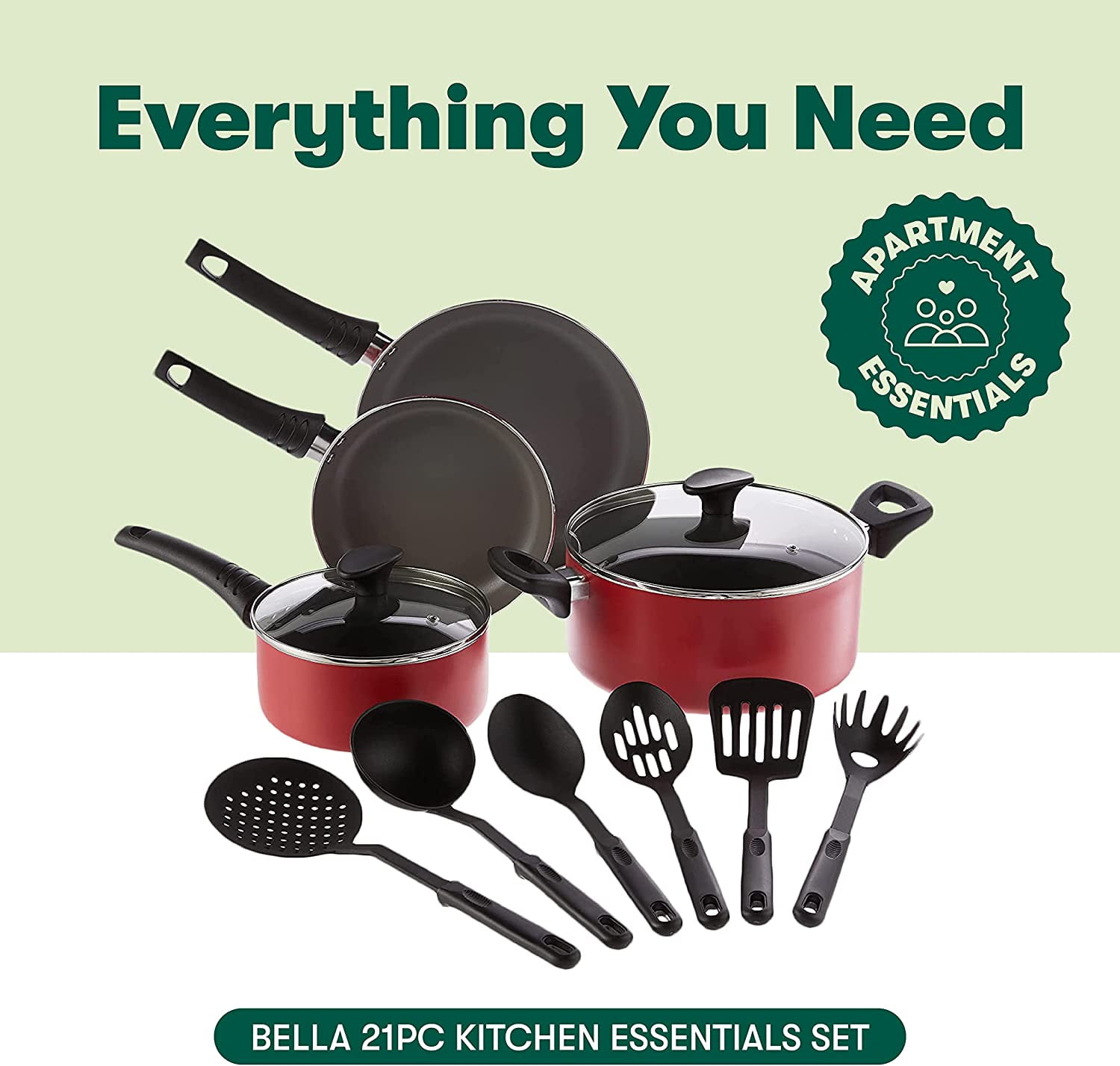  BELLA Nonstick Cookware Set with Glass Lids - Aluminum  Bakeware, Pots and Pans, Storage Bowls & Utensils, Compatible with All  Stovetops, 21 Piece, Red: Home & Kitchen