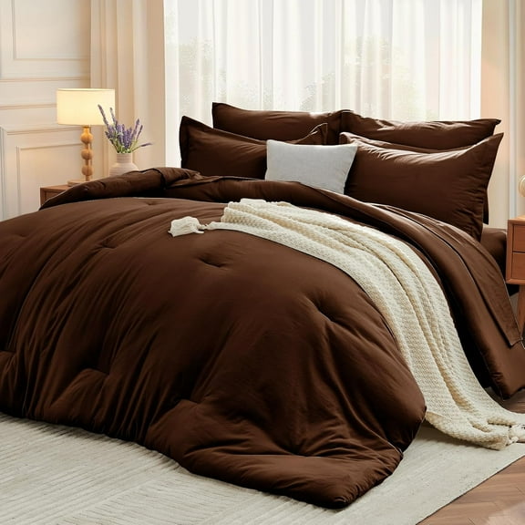 7 Pieces Queen Comforter Set, Soft Bed in a Bag Queen Size, All Season Bedding Set with Comforter, Flat Sheet, Fitted Sheet, Pillowcases & Shams, Brown