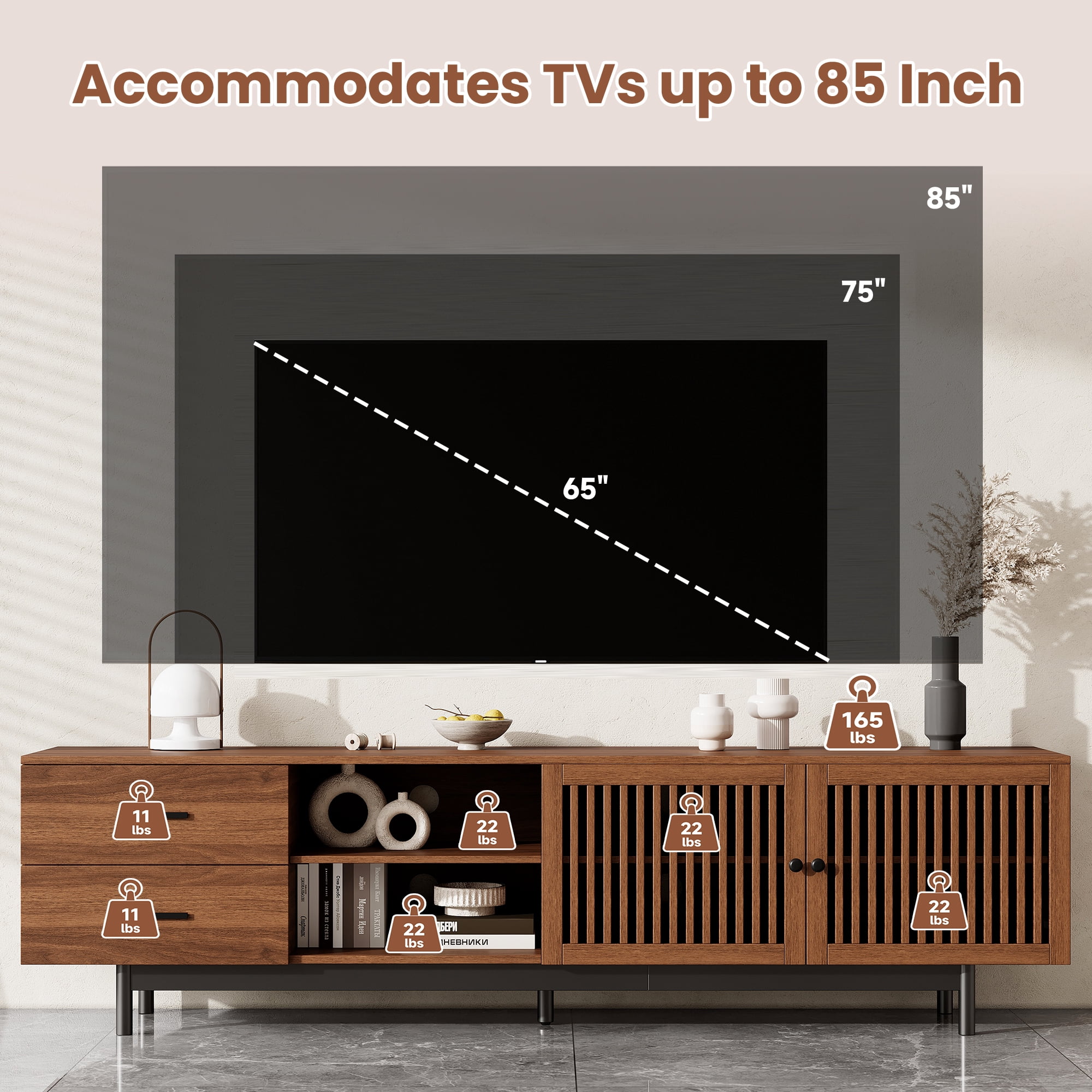 TV Stand for TVs up to 85 Inch, Entertainment Center with Slatted Doors & 2 Deep Drawers, Media Console with Solid Wood Legs for Living Room