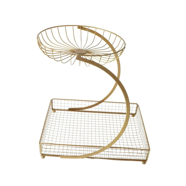 Cesta de fruta de hierro, cesta de almacenamiento, frutero, soporte para verduras, construcción de alambre multicapa, adecuada para cocina, mesa de co Oro de 2 capas