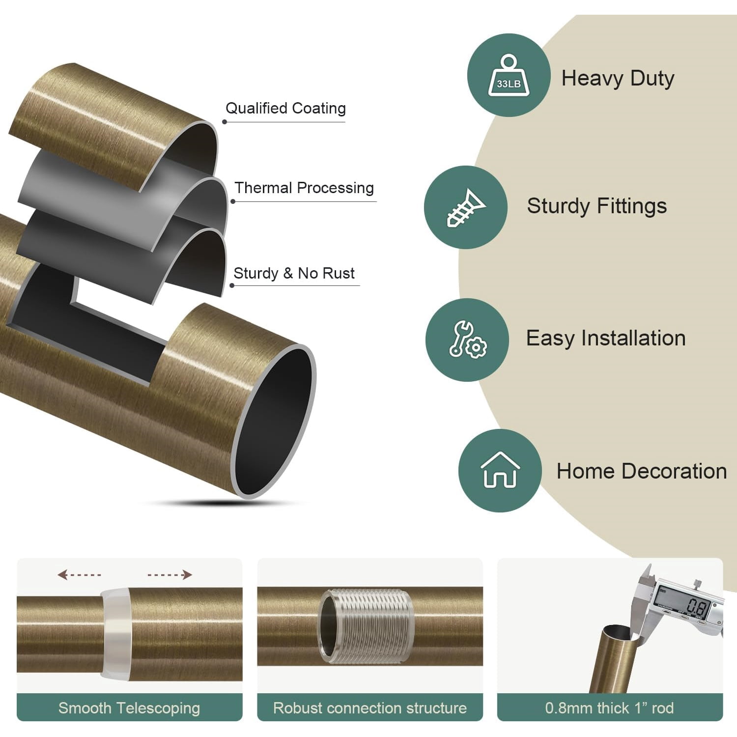 Antique Bronze Curtain Rods for Windows 66 to 120 Inches Adjustable Length Heavy Duty 1" Diameter Window Curtain Rod with Solid Metal Finials for Outdoor Farmhouse Bedroom Kitchen Living Room