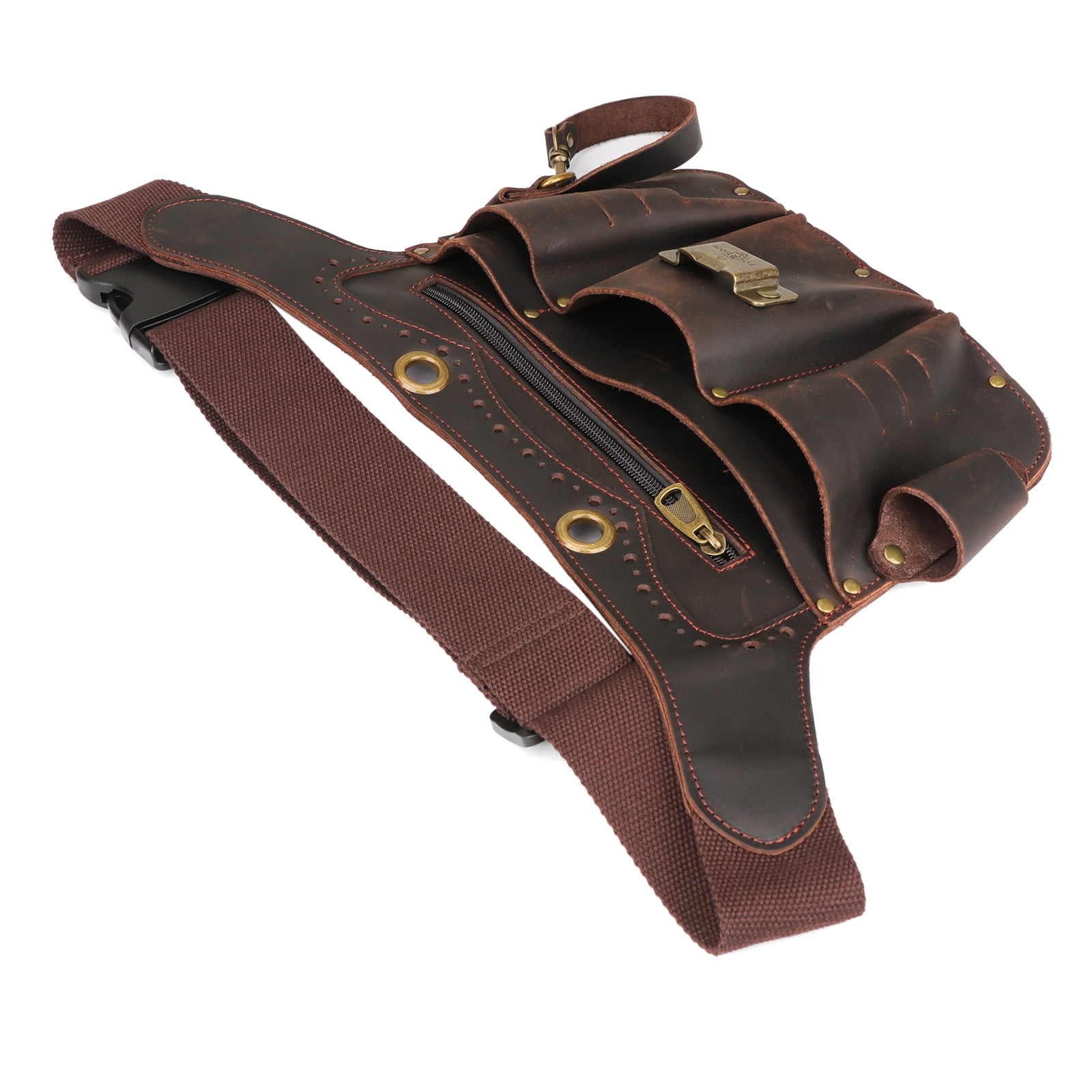 TOURBON Leather Tool Waist Bag Heavy Duty Tool Belt Pouch Quick Release Buckle Adjustable for Electrician Carpenter Brown