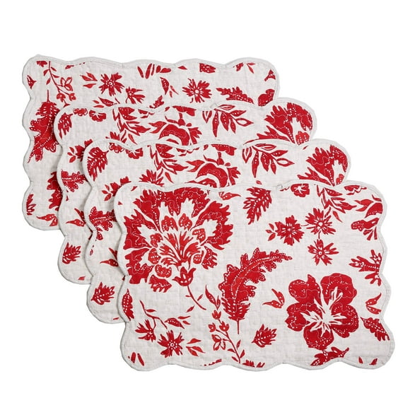 Cozy Line Home Fashions Quilted Linen Cotton Placemats (Red Flower, Placemats (Set of 4))