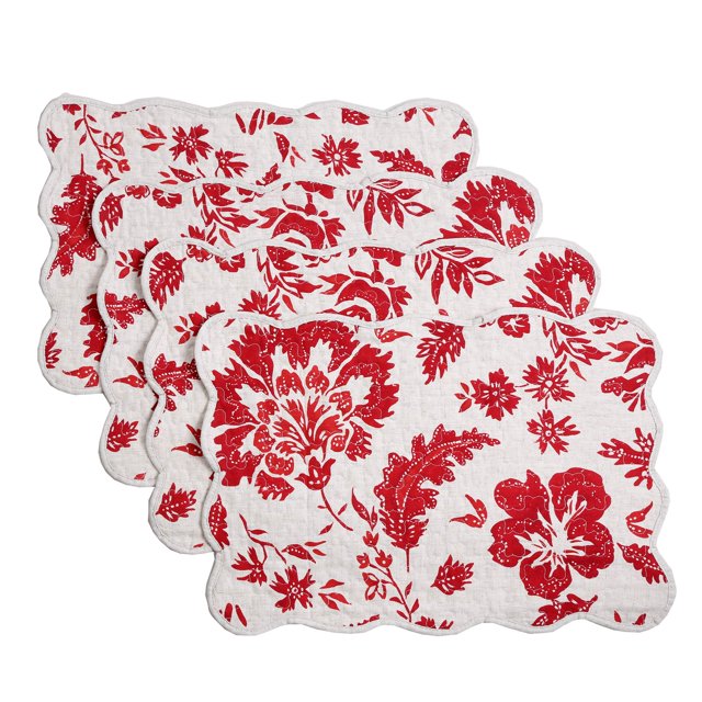 Cozy Line Home Fashions Napperons en Lin et Coton Matelassé (Fleur Rouge, Napperons (Ensemble de 4))