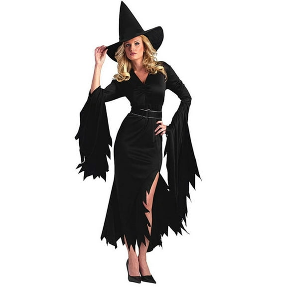 fheaev Halloween Cosplay Dress For Women Solid Color Casual Belt Flared Sleeve V-Neck Black Gothic Mid-Calf Dress For Halloween Party Masquerade Costumes Gown