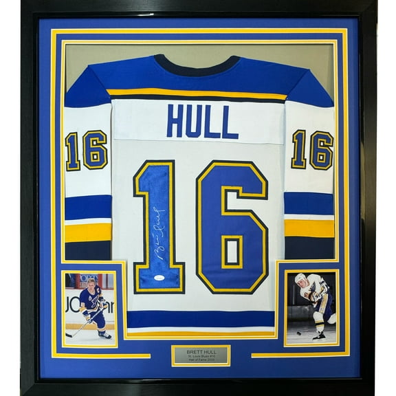 Framed Autographed/Signed Brett Hull 35x39 St. Louis White Hockey Jersey JSA COA