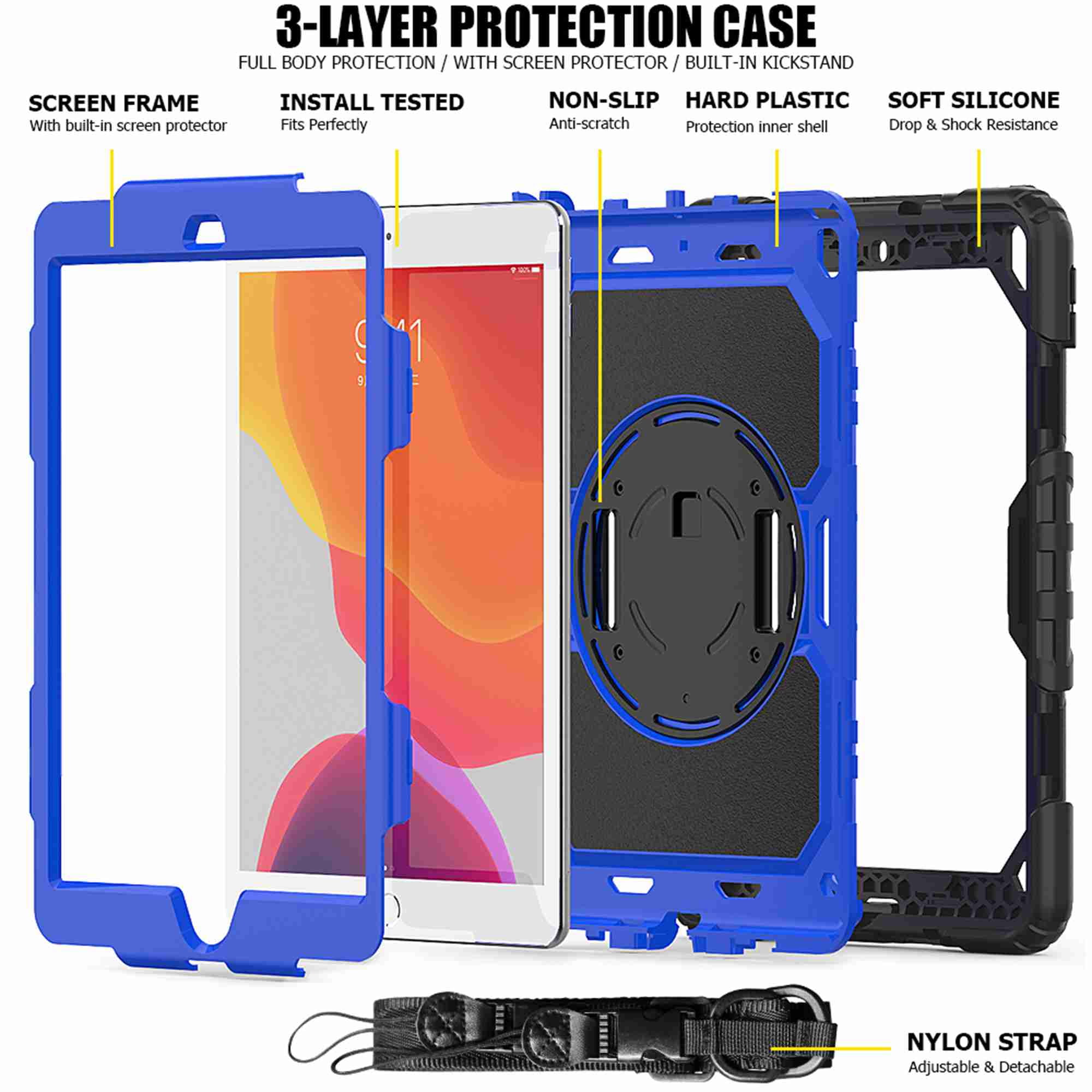 Dteck iPad 9th/ 8th/ 7th Generation Case (iPad 10.2 Case 2021/ 2020/ 2019) with Screen Protector Pencil Holder Kickstand Hand/ Shoulder Strap,Durable Protective Case for iPad 10.2 inch,black+blue