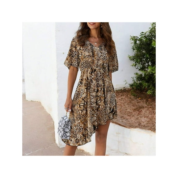 Women's Animal Print High-Low Dress with Short Sleeves and V-Neckline Flowy Silhouette- Large, Brown