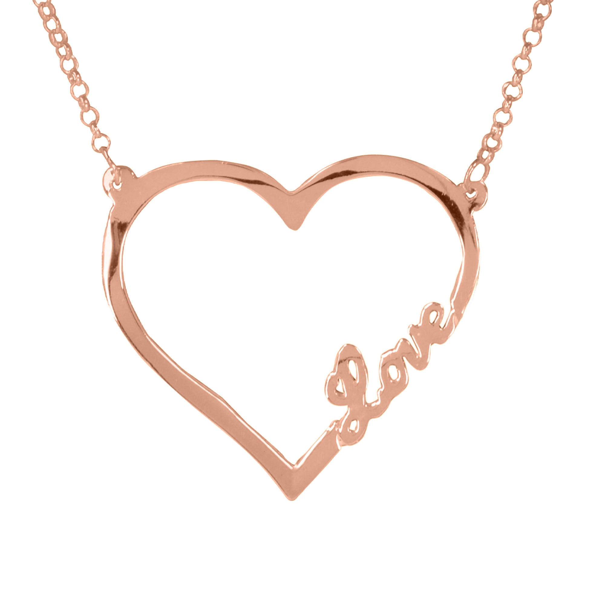 Open Heart "Love" 14kt Rose Gold Plated Sterling Silver Necklace 18 Inch 14kt Rose Gold Plated Sterling Silver Chain