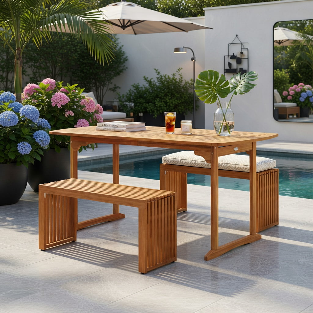 Hommoo 36" Acacia Wood Outdoor Patio Bench, Teak Finish Slatted Loveseat for Backyard, Poolside & Porch, Natural