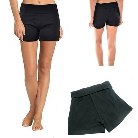 Vapor Spandex Short - Women's Yoga Fold Over Short Black Fitness Gym Cotton Spandex Soft Comfy S M L !