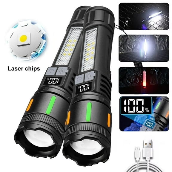 FungLam 2 Pack 990000 Lumens LED Tactical Flashlight, Rechargeable Super Bright Flashlight with Digital Power Display, for Emergencies, Camping, Hiking