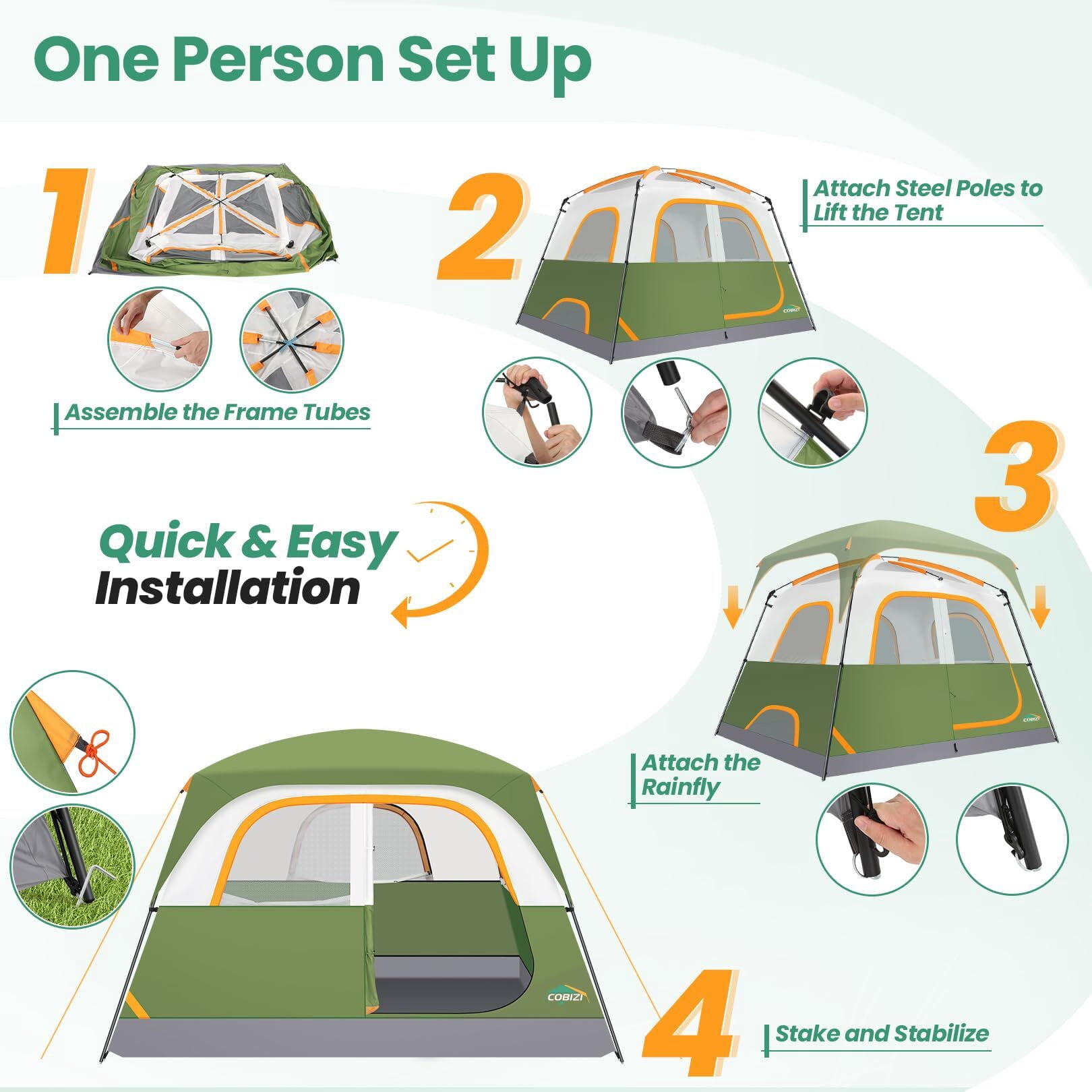 COBIZI Tents for Camping 4/6 Person Camping Tent with Rainfly and Screen, Easy Setup Lightweight Portable Waterproof Outdoor Tent with Carry Bag for Backpacking, Hiking, Family Travel
