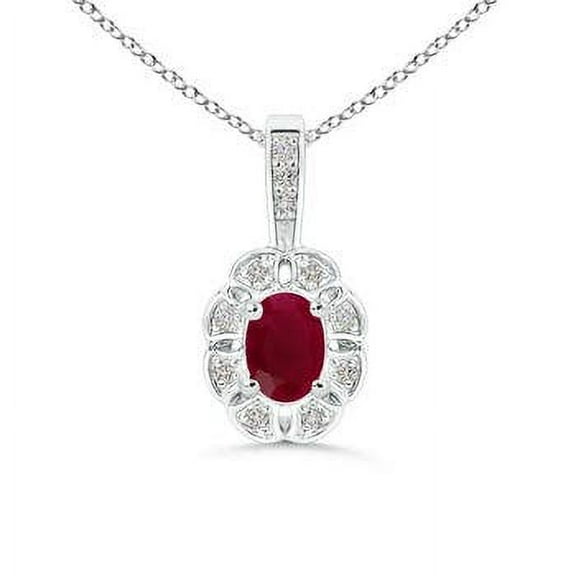 ANGARA Natural Oval Ruby Flower Pendant with Diamond Halo in 14K White Gold for Women (Size-6x4mm) | July Birthstone, Birthday, Anniversary, Jewelry Gift for Women | Natural Ruby Necklace