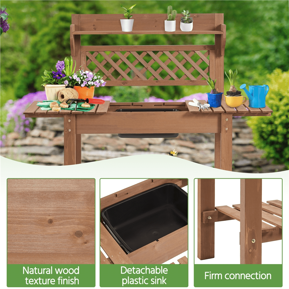 Renwick Rolling Garden Potting Bench with Sliding Tabletop & Open Storage Shelf, Brown