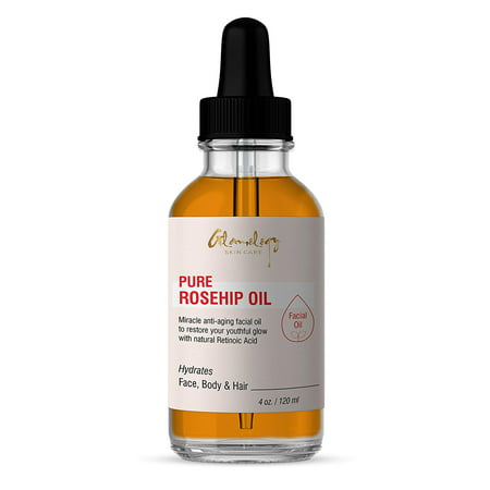 Glamology Organic Rosehip Oil. 100% Pure Unrefined Organic Cold Pressed Virgin Rosehip Seed Oil -Best for Hair, Skin, Face & Nails- Great for Anti-Aging, Wrinkles, Acne Scars (4 fl.