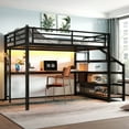 thumbnail image 3 of Queen Loft Bed with Desk and Storage Stairs, Metal Loft Beds with LED Lights, USB Ports, Multifunctional Iron Nets, No Spring Box Needed and Noise-free, Black, 3 of 19