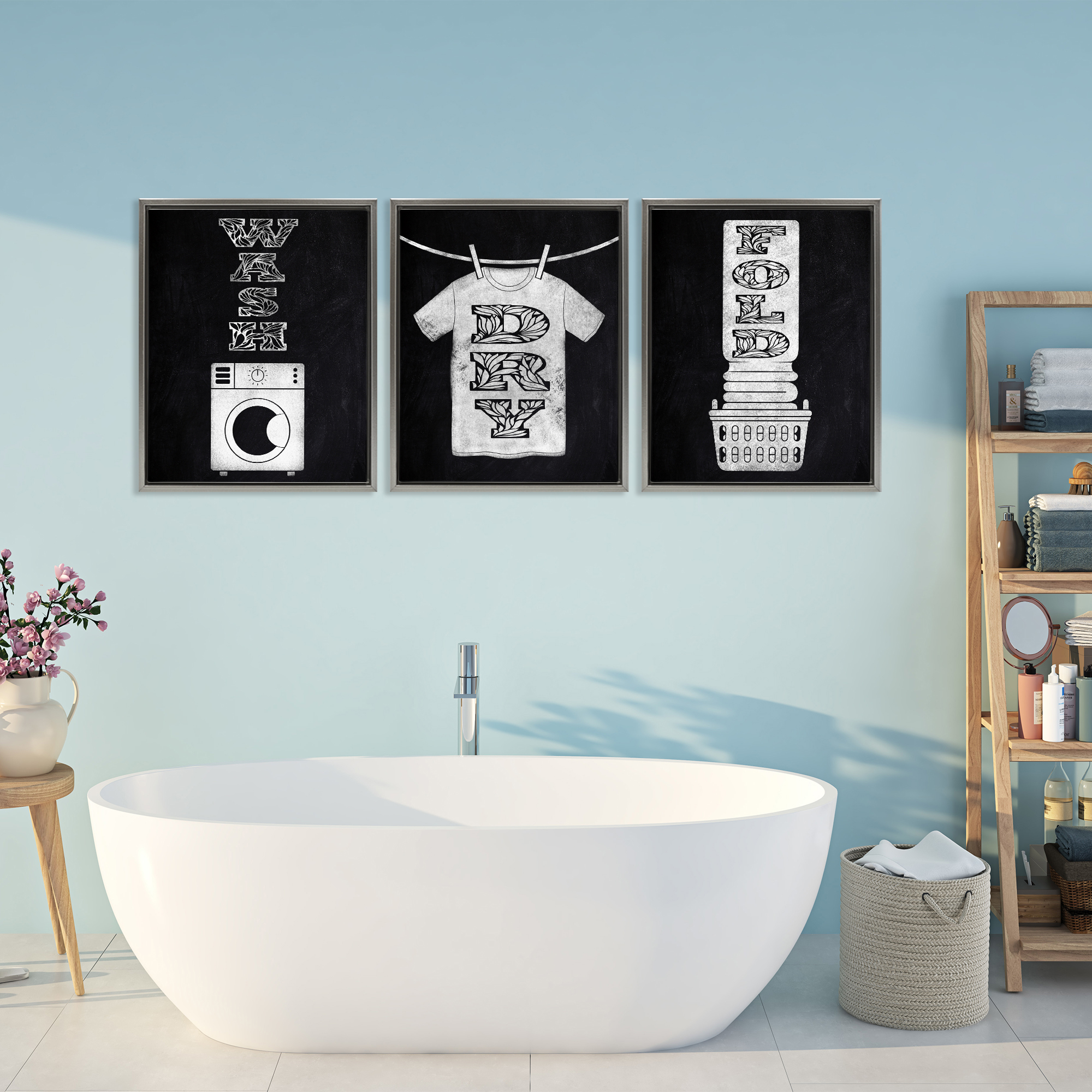 Wash & Dry Ornate Letters 3 Piece Gray Framed Floater Canvas Set, design by Marcus Prime