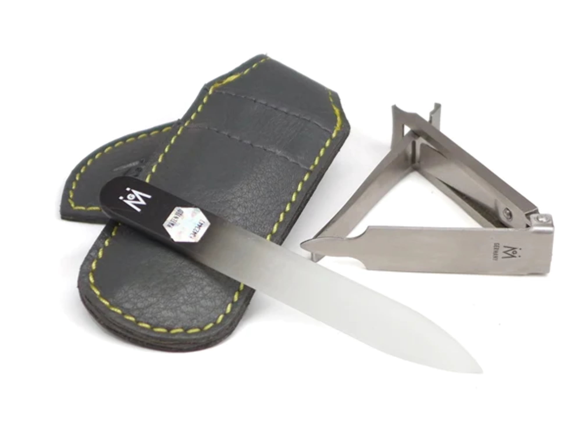 GERMANIKURE Pocket Nail Clipper and Glass Nail File Set in Large Leather Case - Made in Germany of FINOX Stainless Steel, Glass Made in Czech Republic, Travel Nail Care Supplies