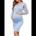thumbnail image 1 of Vestido Midi de Maternidad de Larga con Floral, Vestido Ajustado de Otoño para Baby Shower o Sesión de Fotos. Azul S, 1 of 9