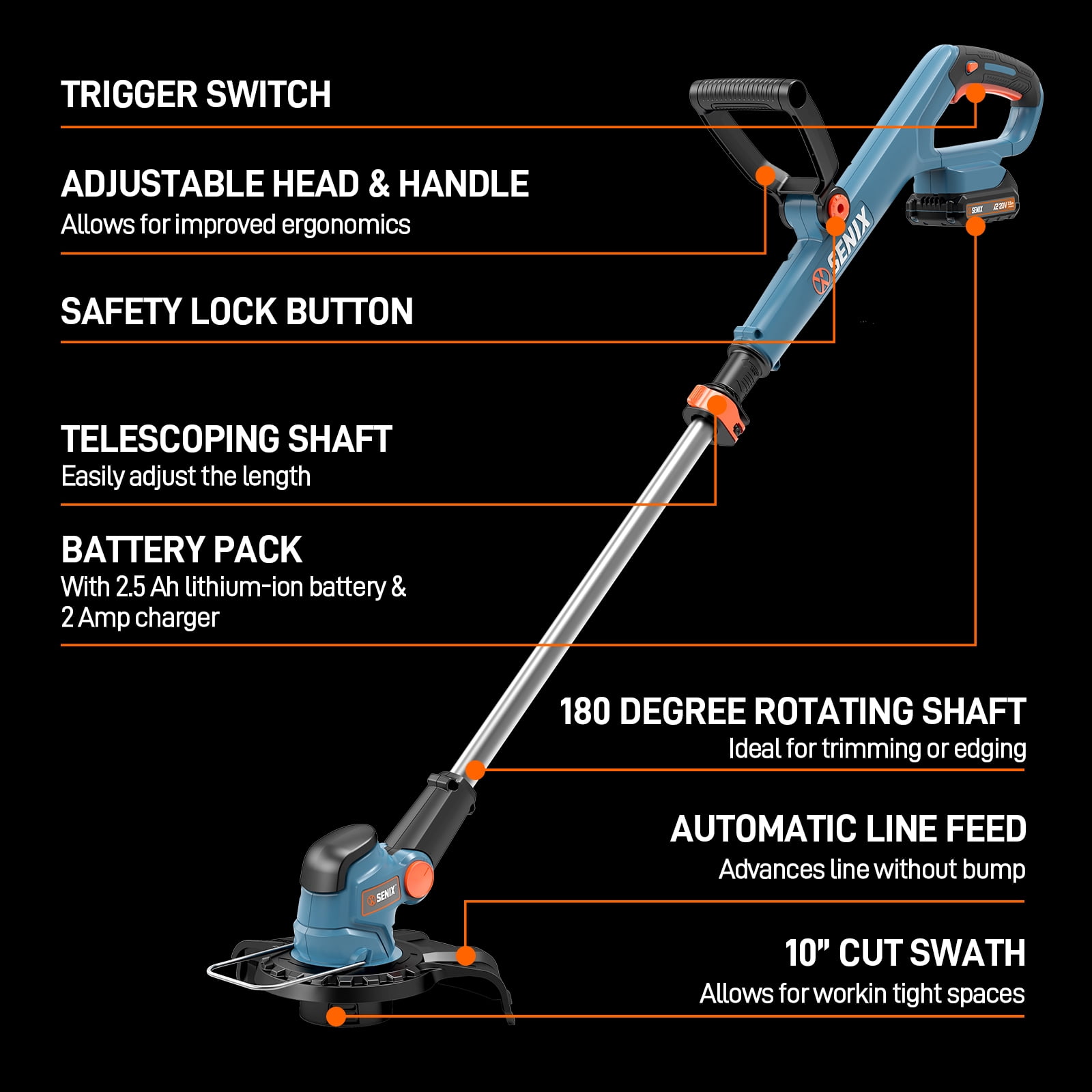 SENIX 20V 10" Cordless String Trimmer Weed Wacker, Telescoping Rotating Shaft, Adjust Head & Assistant Grip，Auto Line Feed 2.5Ah Battery & Charger Included GTX2‑M
