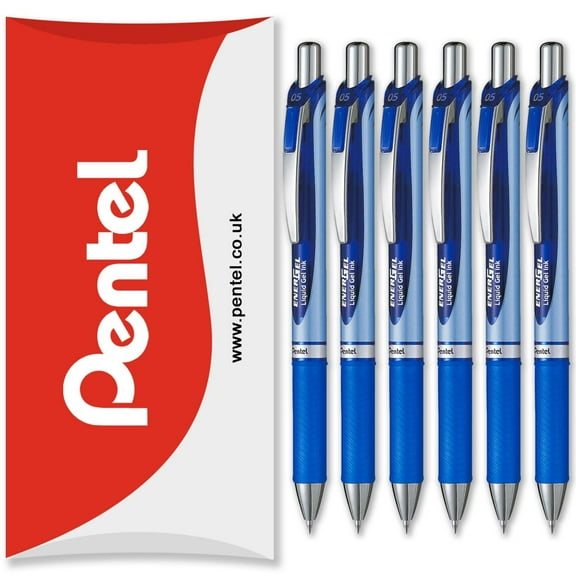 Pentel Energel BLN75 Retractable Gel Ink Rollerball Pen - 0.5mm - 54% Recycled - Blue - Pack of 6 in Pillow Packaging